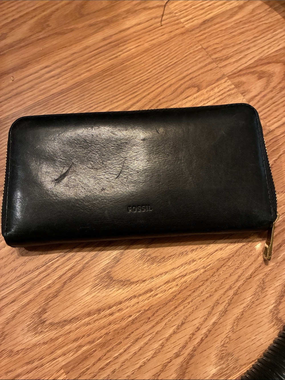 Fossil Black Leather Zip Wallet with Gold Hardware